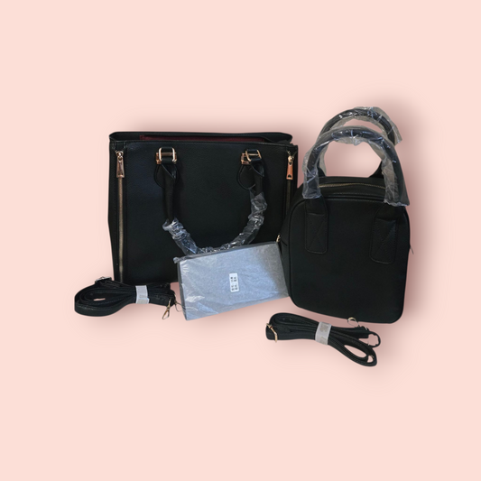 Black Vegan Leather Handbag 3Pcs Set