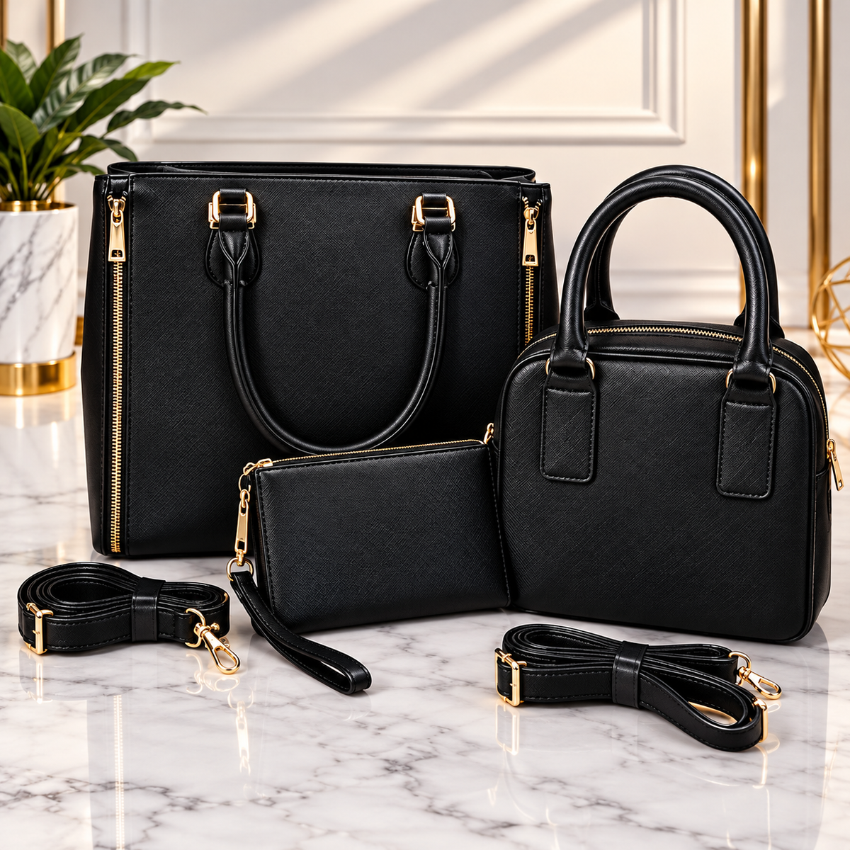 Black Vegan Leather Handbag 3Pcs Set